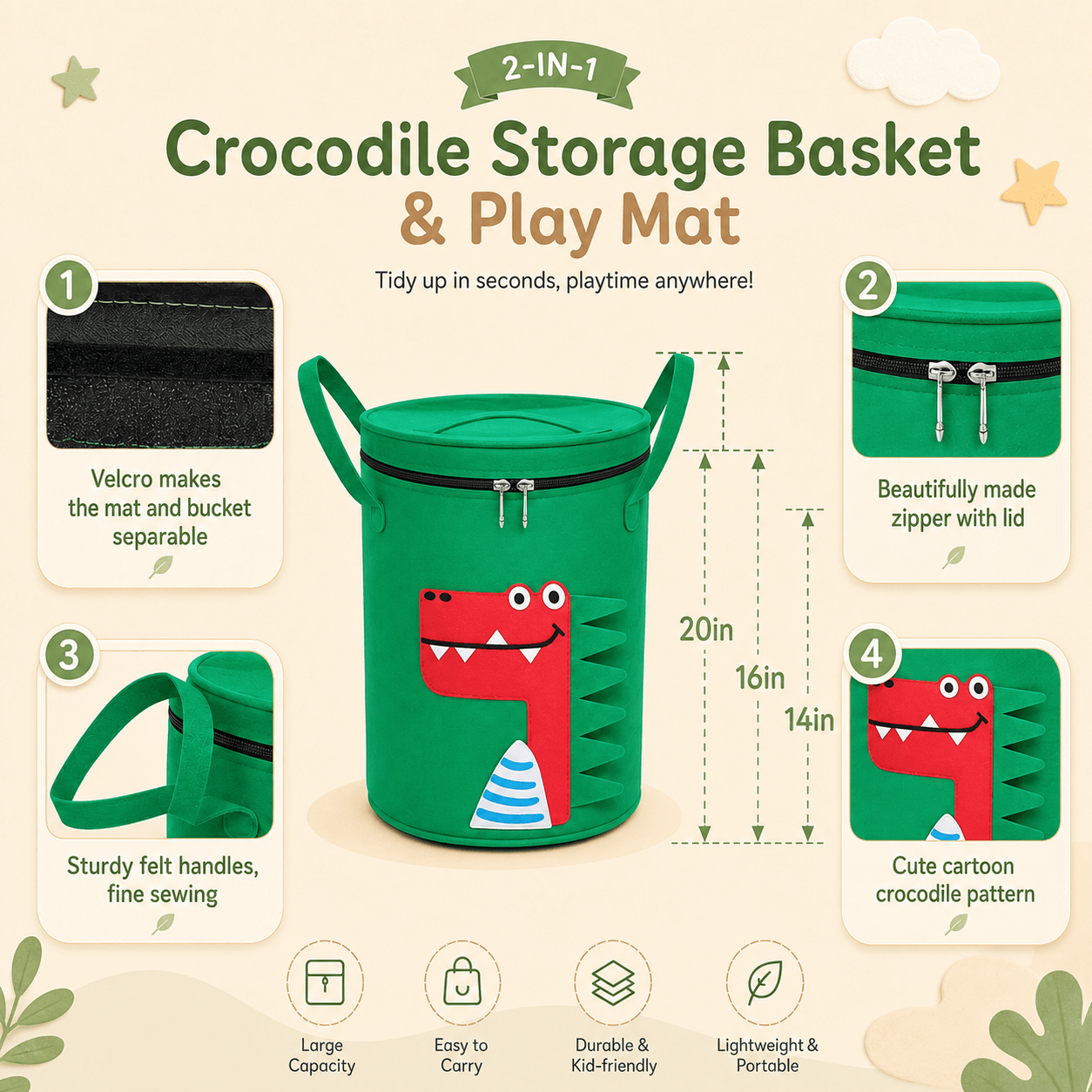 2-in-1 Animal Toy Storage Basket & Play Mat – Quick Clean-Up Organizer