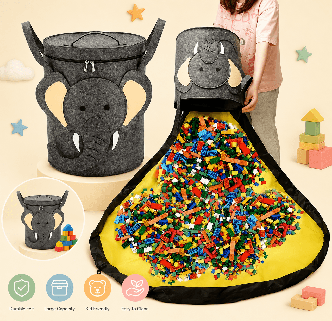 2-in-1 Animal Toy Storage Basket & Play Mat – Quick Clean-Up Organizer