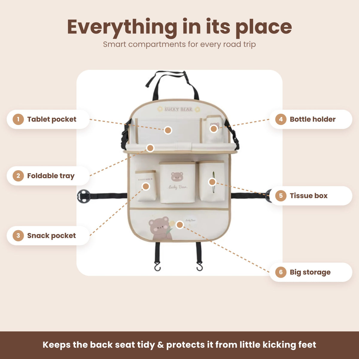 Storage pockets, bottle holder, tissue holder and foldable tray