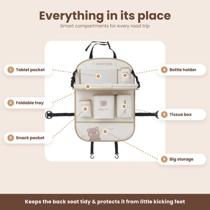 Storage pockets, bottle holder, tissue holder and foldable tray