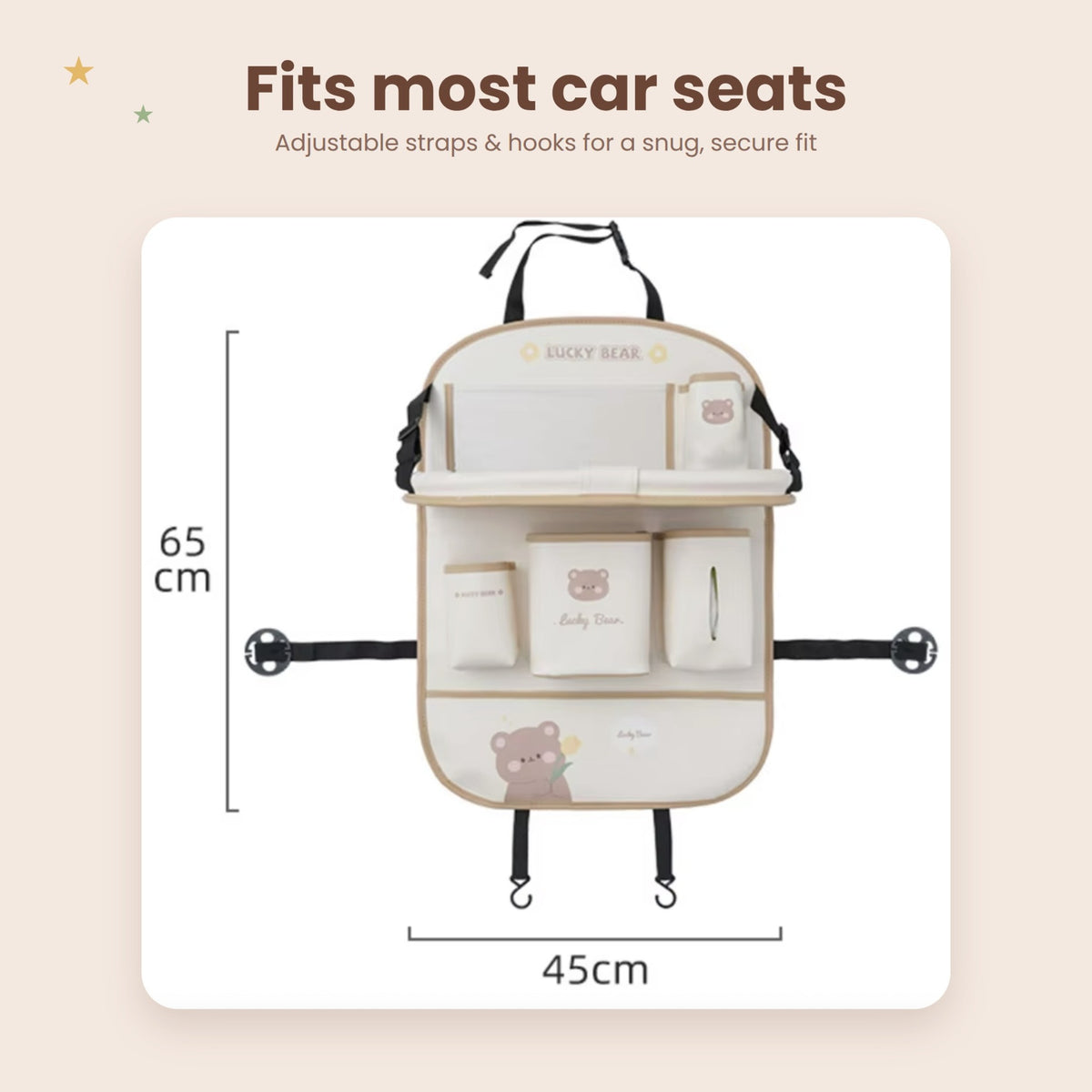 Car seat organizer dimensions: 65 cm high by 45 cm wide