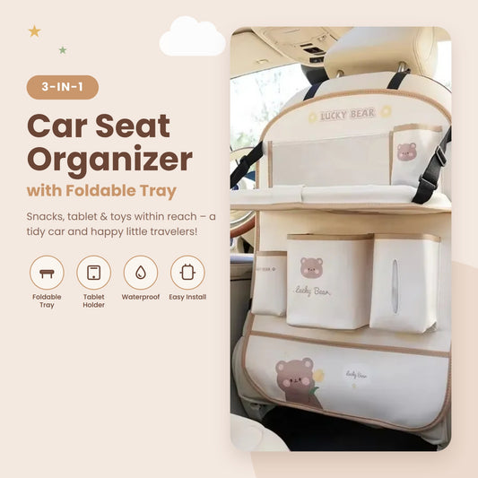 Beige bear car seat organizer with foldable tray
